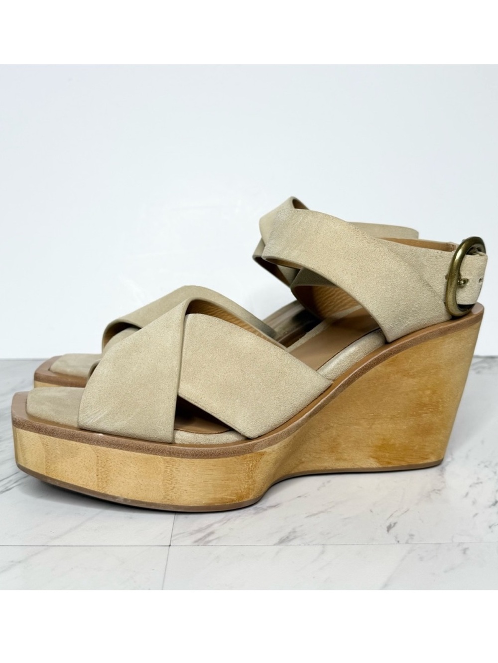 Rag & Bone Santiago Tan Suede Wedge Ankle Strap Sandal  41